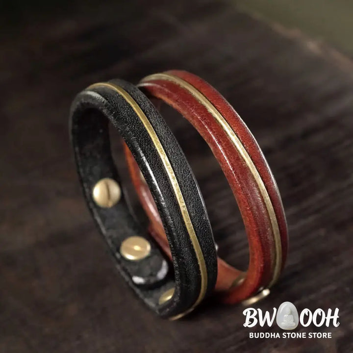 Buddha Stones Vintage Leather Copper Brass Wire Healing Bangle Bracelet - Bracelet