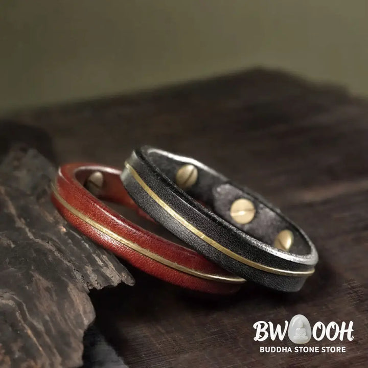 Buddha Stones Vintage Leather Copper Brass Wire Healing Bangle Bracelet - Bracelet
