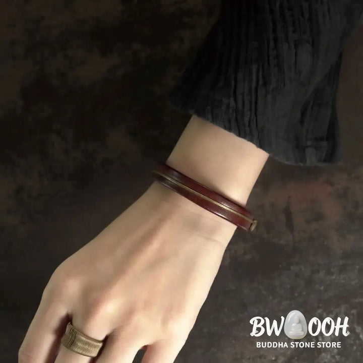 Buddha Stones Vintage Leather Copper Brass Wire Healing Bangle Bracelet - Bracelet