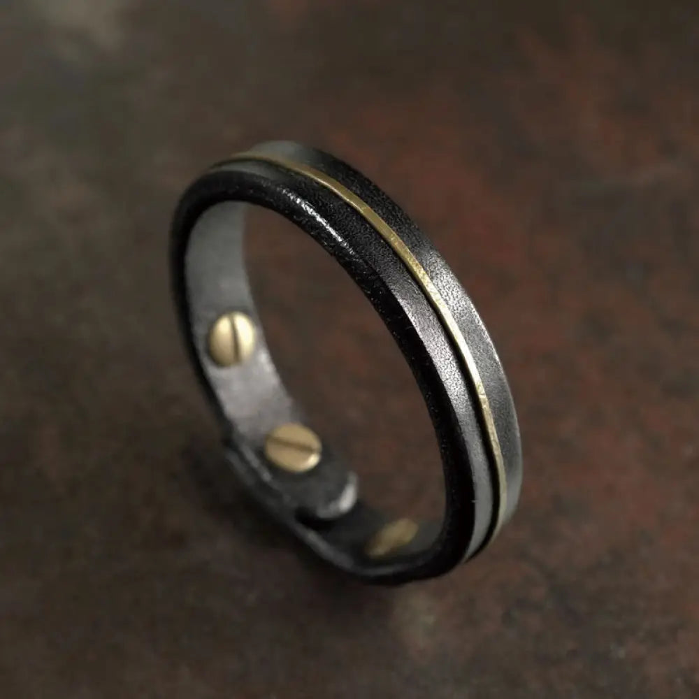 Buddha Stones Vintage Leather Copper Brass Wire Healing Bangle Bracelet - Black / 14-14.6cm - Bracelet
