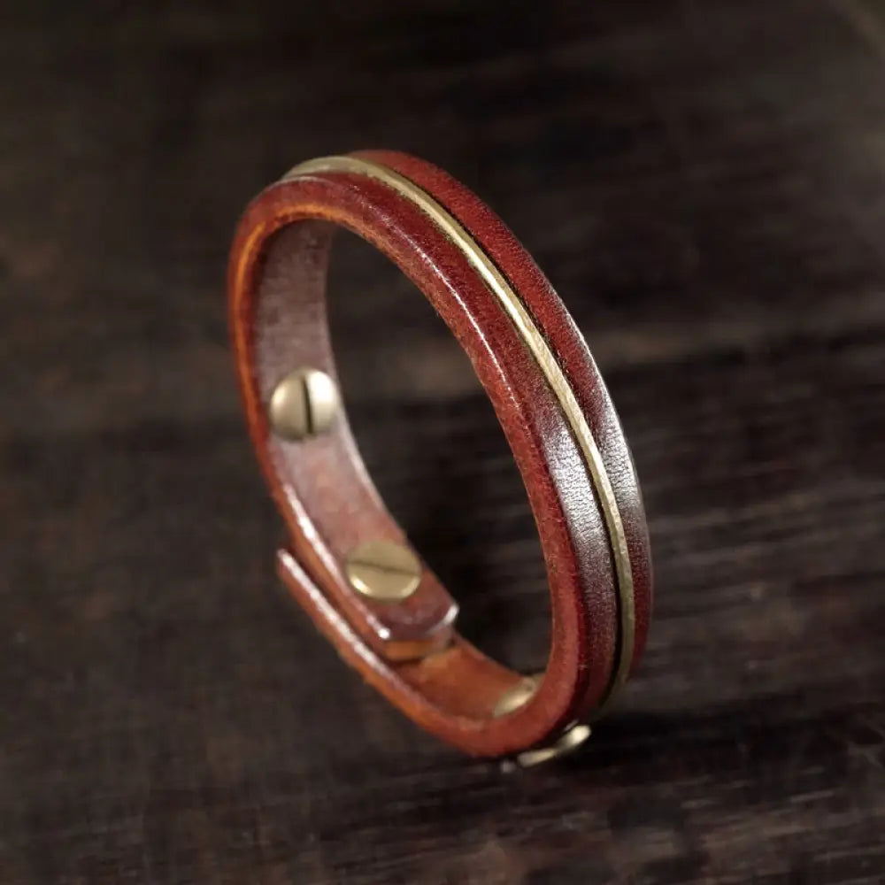 Buddha Stones Vintage Leather Copper Brass Wire Healing Bangle Bracelet - Brown / 14-14.6cm - Bracelet