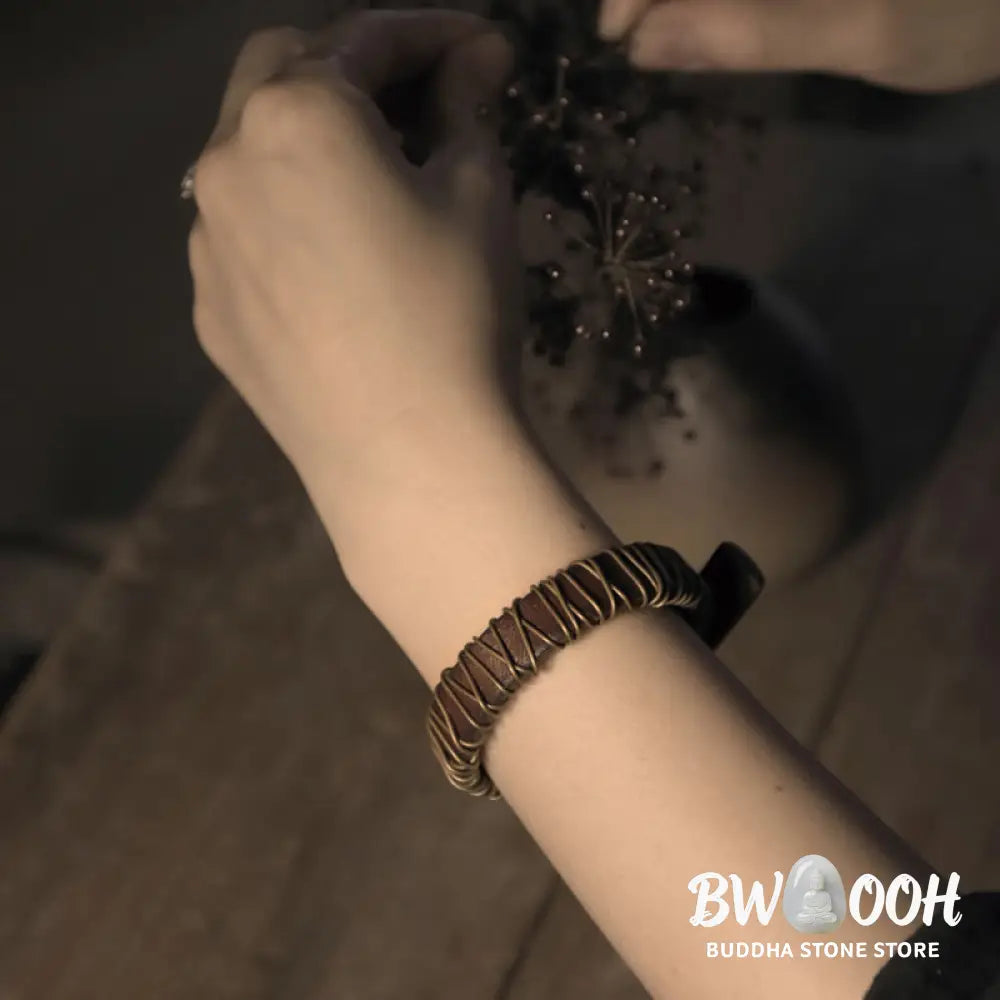 Buddha Stones Vintage Leather Copper Brass Wire Wrap Balance Bracelet - Bracelet