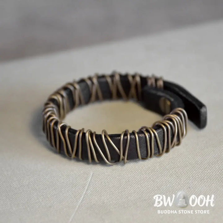 Buddha Stones Vintage Leather Copper Brass Wire Wrap Balance Bracelet - Bracelet