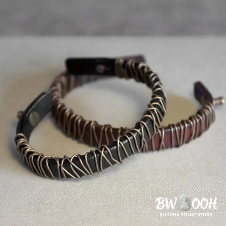 Buddha Stones Vintage Leather Copper Brass Wire Wrap Balance Bracelet - Bracelet