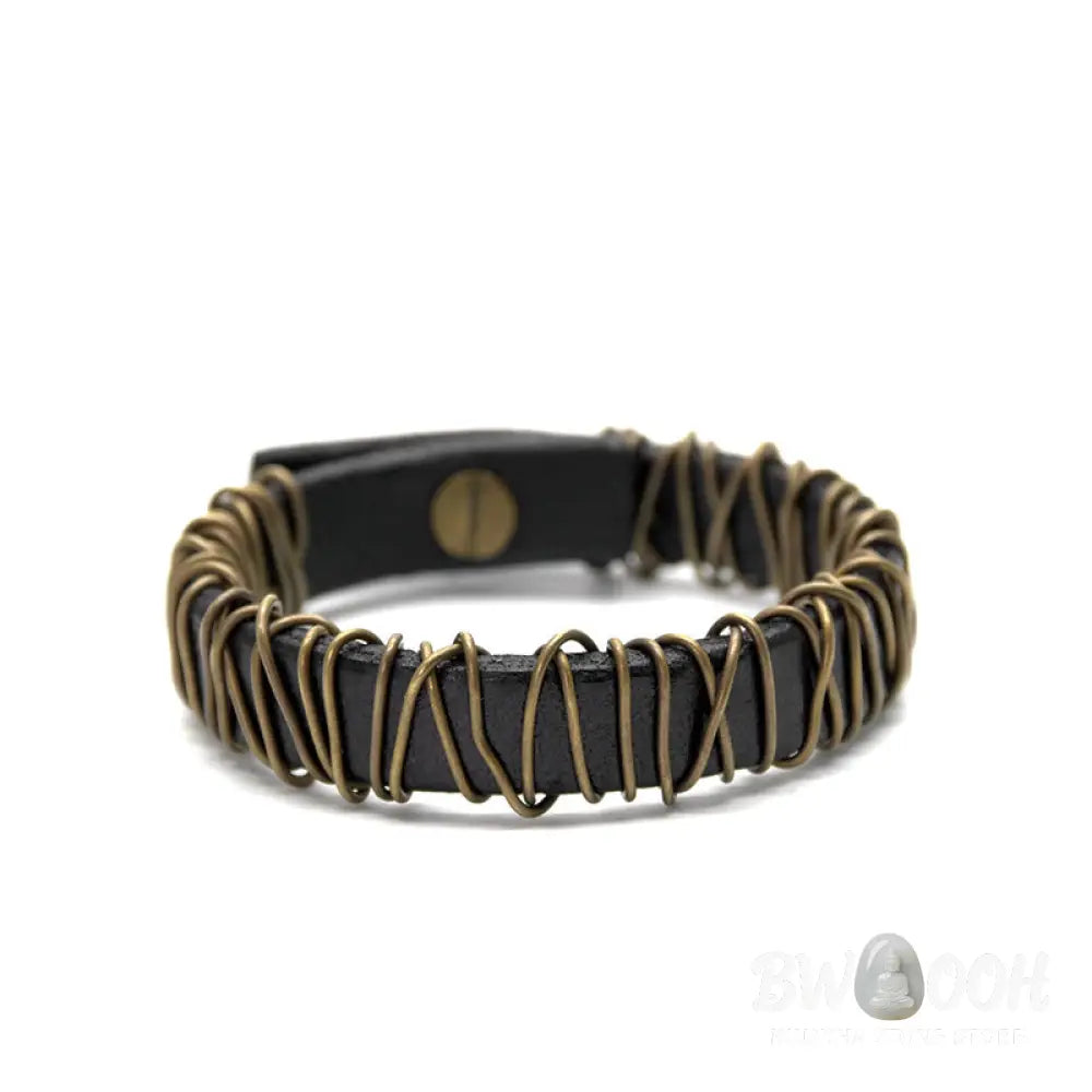 Buddha Stones Vintage Leather Copper Brass Wire Wrap Balance Bracelet - Bracelet