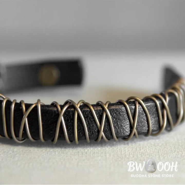 Buddha Stones Vintage Leather Copper Brass Wire Wrap Balance Bracelet - Bracelet