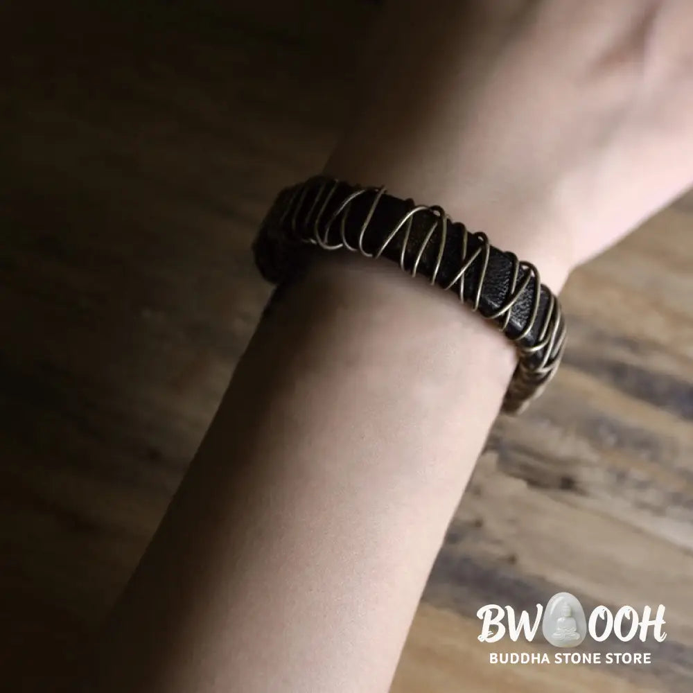 Buddha Stones Vintage Leather Copper Brass Wire Wrap Balance Bracelet - Bracelet