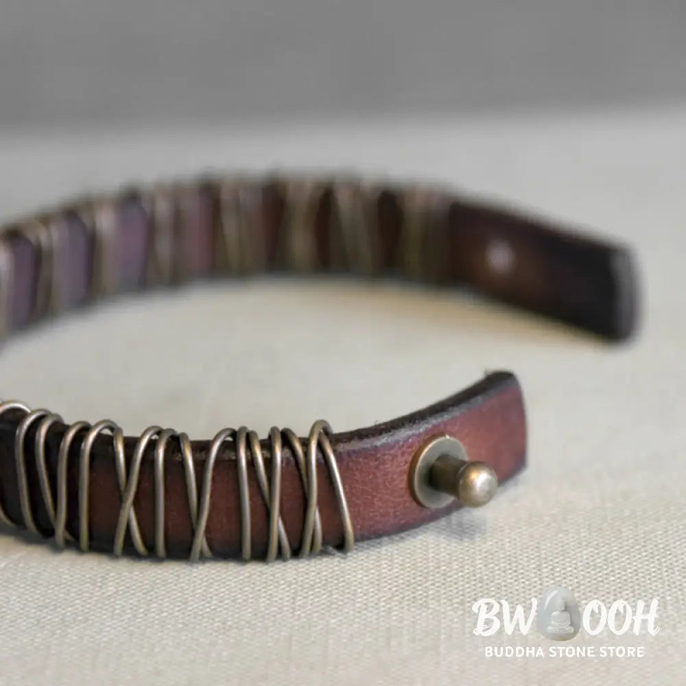 Buddha Stones Vintage Leather Copper Brass Wire Wrap Balance Bracelet - Bracelet