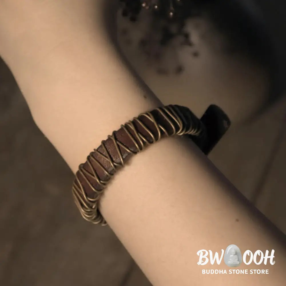 Buddha Stones Vintage Leather Copper Brass Wire Wrap Balance Bracelet - Bracelet