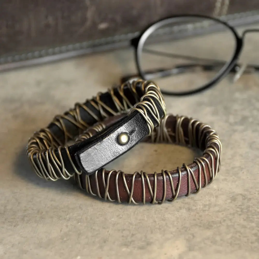 BWOOOH Vintage Leather Copper Brass Wire Wrap Balance Bracelet - Bracelet