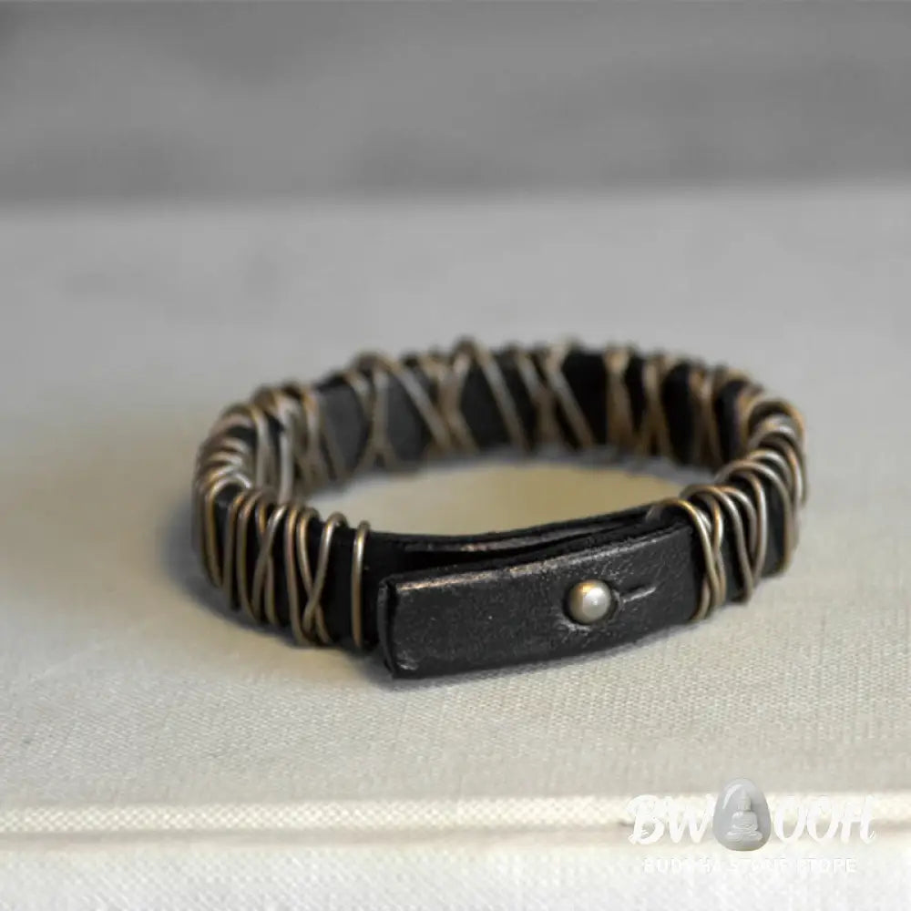 Buddha Stones Vintage Leather Copper Brass Wire Wrap Balance Bracelet - Bracelet