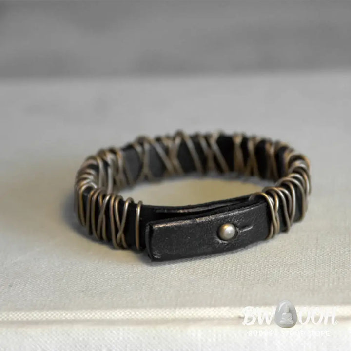 Buddha Stones Vintage Leather Copper Brass Wire Wrap Balance Bracelet - Bracelet