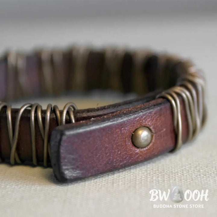 Buddha Stones Vintage Leather Copper Brass Wire Wrap Balance Bracelet - Bracelet