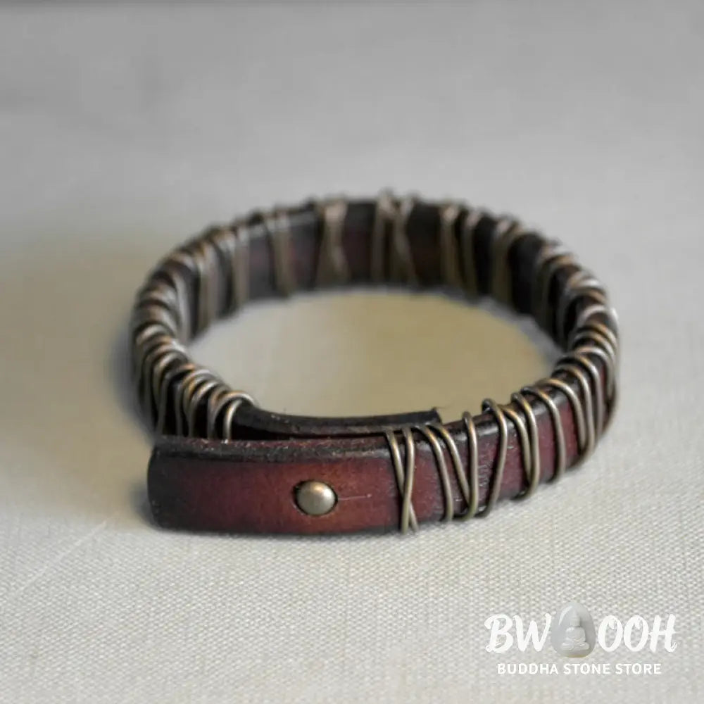 Buddha Stones Vintage Leather Copper Brass Wire Wrap Balance Bracelet - Bracelet