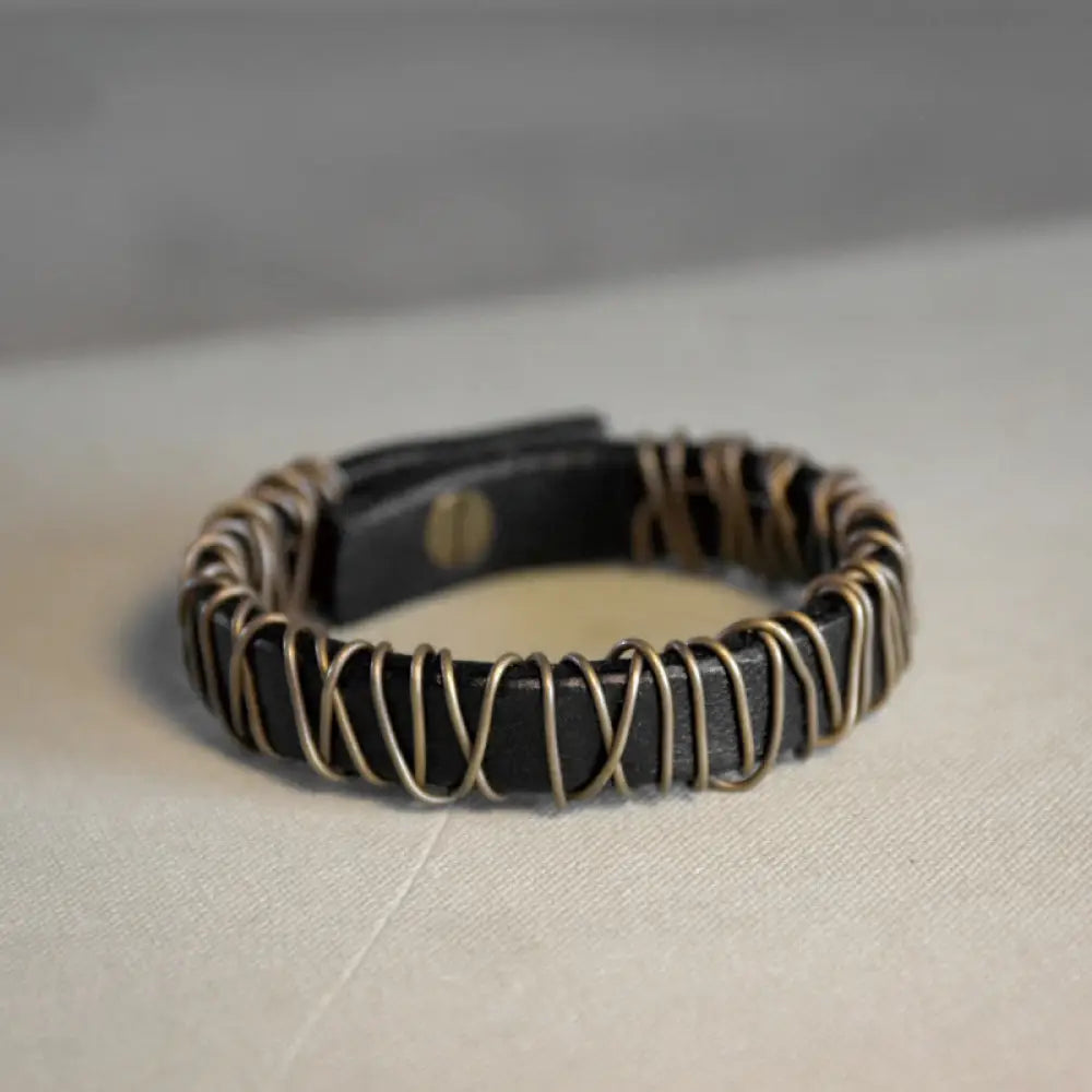 Buddha Stones Vintage Leather Copper Brass Wire Wrap Balance Bracelet - Black / 14-14.6cm - Bracelet