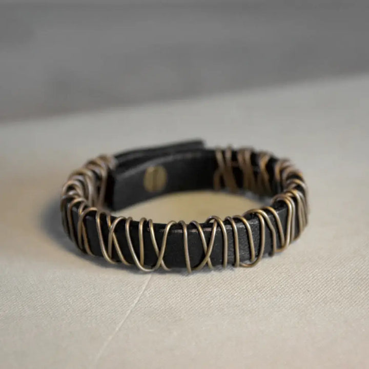 Buddha Stones Vintage Leather Copper Brass Wire Wrap Balance Bracelet - Black / 14-14.6cm - Bracelet