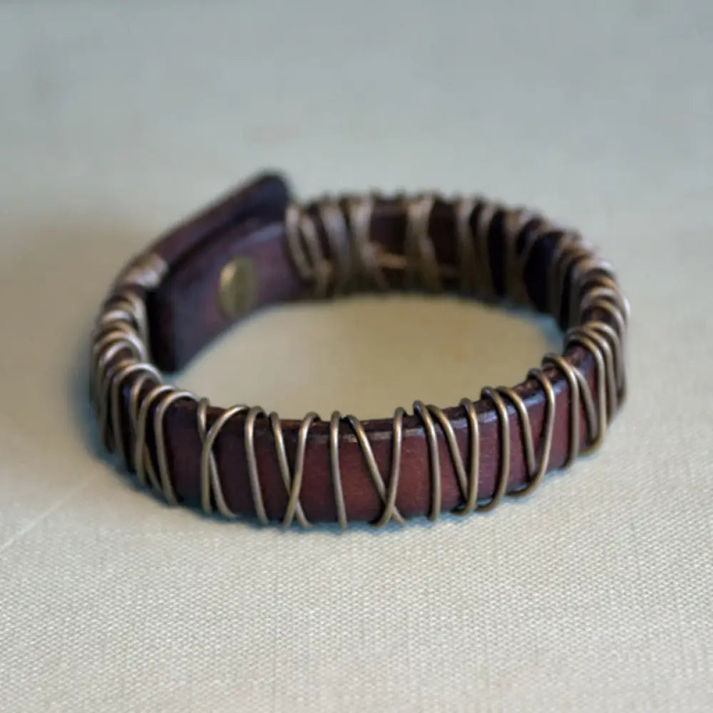 Buddha Stones Vintage Leather Copper Brass Wire Wrap Balance Bracelet - Brown / 14-14.6cm - Bracelet