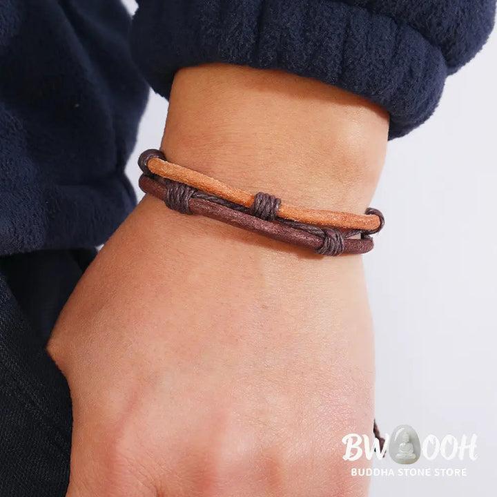 Buddha Stones Vintage Leather Hand-woven Hemp Rope Strength Bracelet - BWOOOH - Leather&amp;Hemp Rope(Wrist Circumference: