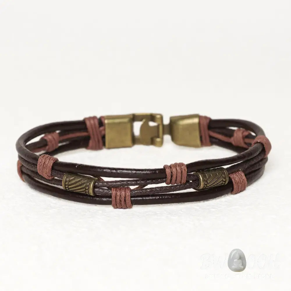 Buddha Stones Vintage Leather Wrist Band Brown Rope Layered Bracelet Bangle - BWOOOH - Bracelet