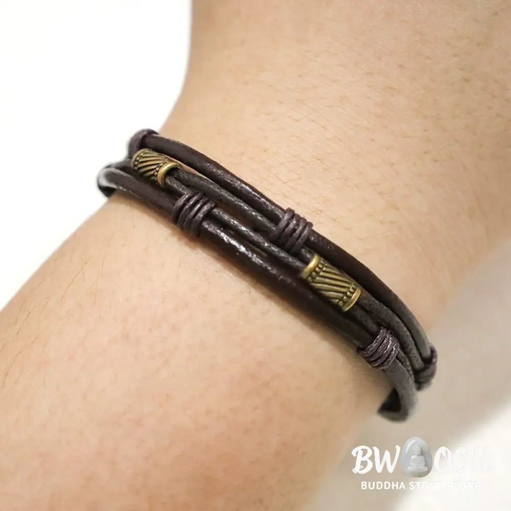 Buddha Stones Vintage Leather Wrist Band Brown Rope Layered Bracelet Bangle - BWOOOH - Bracelet