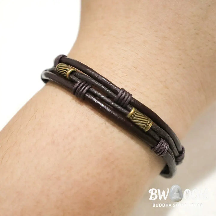 Buddha Stones Vintage Leather Wrist Band Brown Rope Layered Bracelet Bangle - BWOOOH - Bracelet