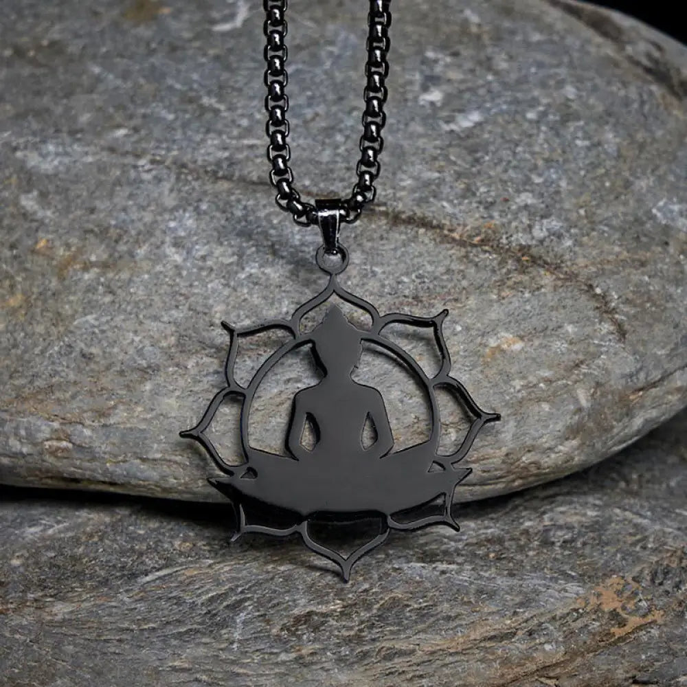 Buddha Stones Vintage Lotus Sitting Buddha Design Stainless Steel Enlightenment Necklace Pendant - BWOOOH - Black