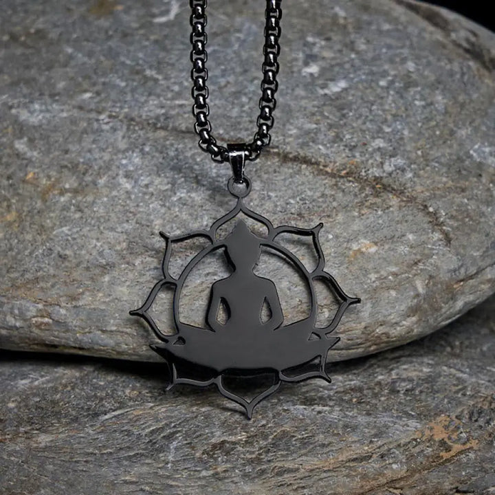 Buddha Stones Vintage Lotus Sitting Buddha Design Stainless Steel Enlightenment Necklace Pendant - BWOOOH - Black