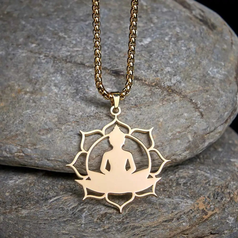 Buddha Stones Vintage Lotus Sitting Buddha Design Stainless Steel Enlightenment Necklace Pendant - BWOOOH - Gold