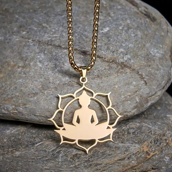 Buddha Stones Vintage Lotus Sitting Buddha Design Stainless Steel Enlightenment Necklace Pendant - BWOOOH - Gold