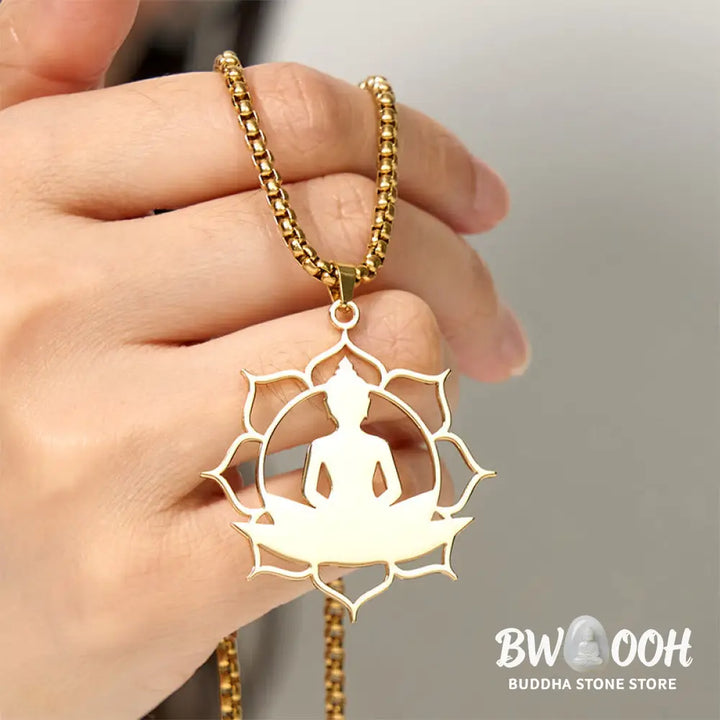 Buddha Stones Vintage Lotus Sitting Buddha Design Stainless Steel Enlightenment Necklace Pendant - BWOOOH - Necklaces &amp;