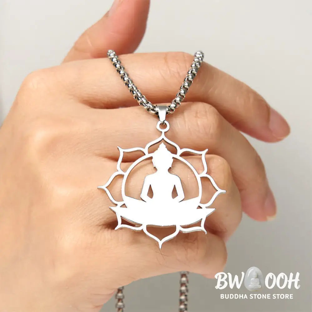 Buddha Stones Vintage Lotus Sitting Buddha Design Stainless Steel Enlightenment Necklace Pendant - BWOOOH - Necklaces &amp;