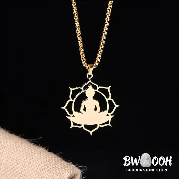 Buddha Stones Vintage Lotus Sitting Buddha Design Stainless Steel Enlightenment Necklace Pendant - BWOOOH - Necklaces &amp;