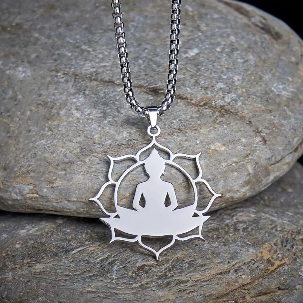 Buddha Stones Vintage Lotus Sitting Buddha Design Stainless Steel Enlightenment Necklace Pendant - BWOOOH - Silver