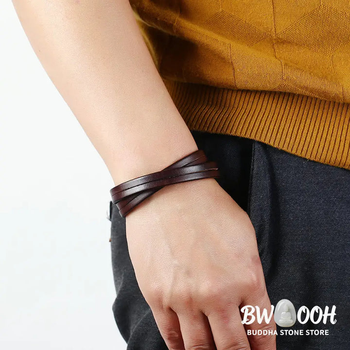Buddha Stones Vintage Multi-layer Leather Strength Buckle Bracelet - BWOOOH - Bracelet