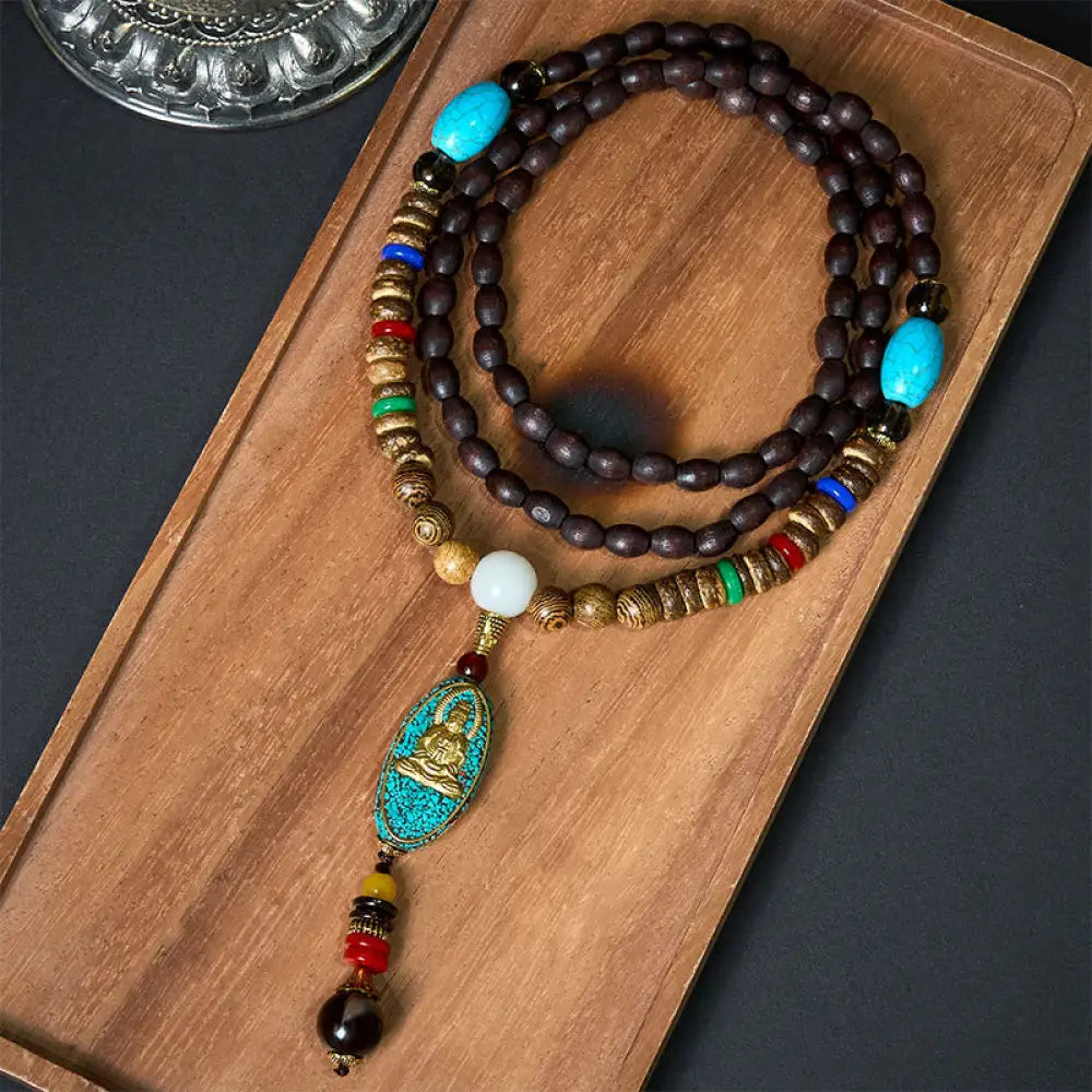 Buddha Stones Vintage Nepal Avalokitesvara Harmony Coconut Shell Beads Pendant Necklace - BWOOOH - AVALOKITESVARA