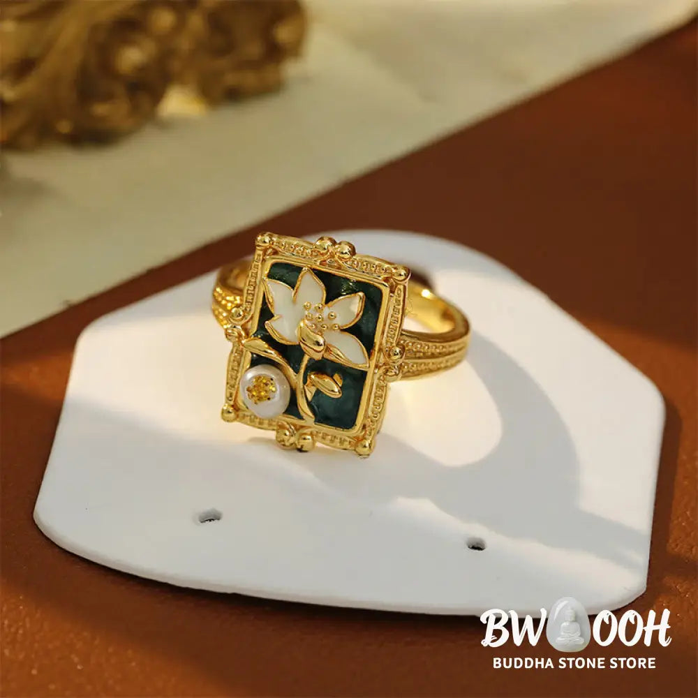 Buddha Stones Vintage Oil Painting Lotus Flower Pearl Copper Wealth Ring - Copper(Ring Inner Diameter About 17mm) - Ring