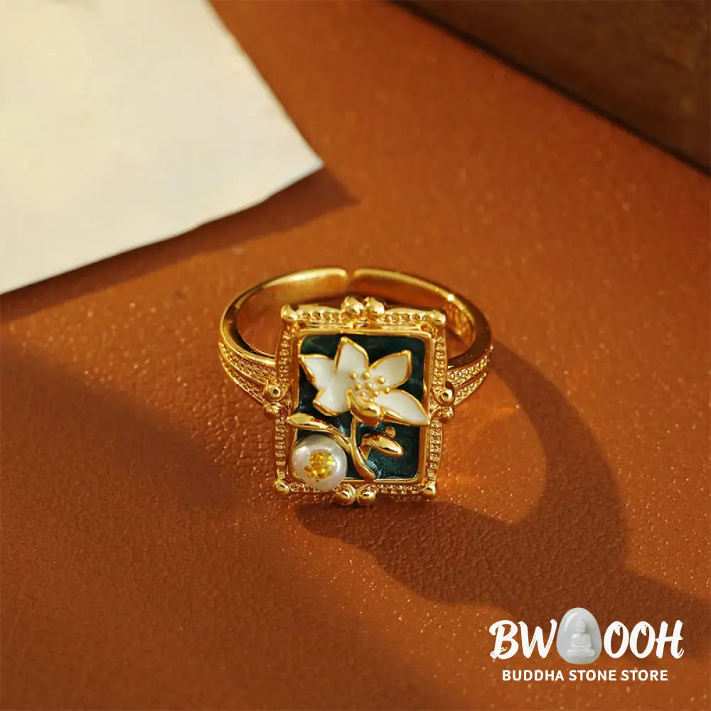Buddha Stones Vintage Oil Painting Lotus Flower Pearl Copper Wealth Ring - Copper(Ring Inner Diameter About 17mm) - Ring