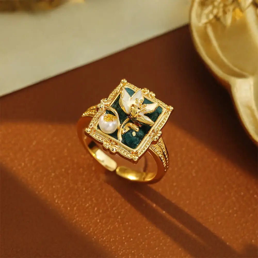 BWOOOH Vintage Oil Painting Lotus Flower Pearl Copper Wealth Ring — Pearl spiritual jewelry for spiritual healing and mind...