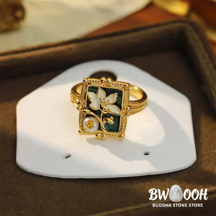 Buddha Stones Vintage Oil Painting Lotus Flower Pearl Copper Wealth Ring - Copper(Ring Inner Diameter About 17mm) - Ring