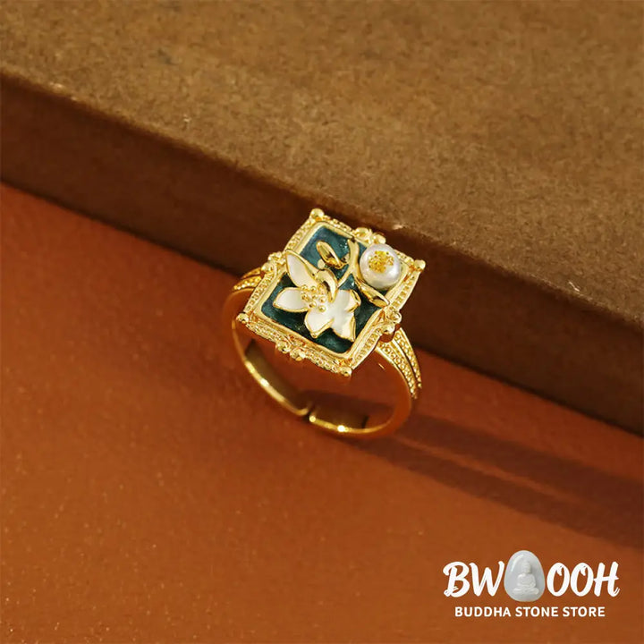 Buddha Stones Vintage Oil Painting Lotus Flower Pearl Copper Wealth Ring - Copper(Ring Inner Diameter About 17mm) - Ring