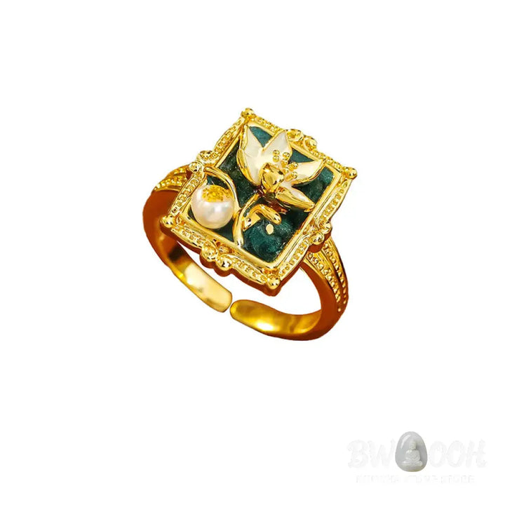 Buddha Stones Vintage Oil Painting Lotus Flower Pearl Copper Wealth Ring - Copper(Ring Inner Diameter About 17mm) - Ring