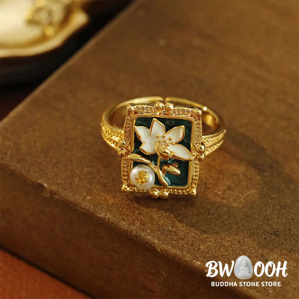 Buddha Stones Vintage Oil Painting Lotus Flower Pearl Copper Wealth Ring - Copper(Ring Inner Diameter About 17mm) - Ring