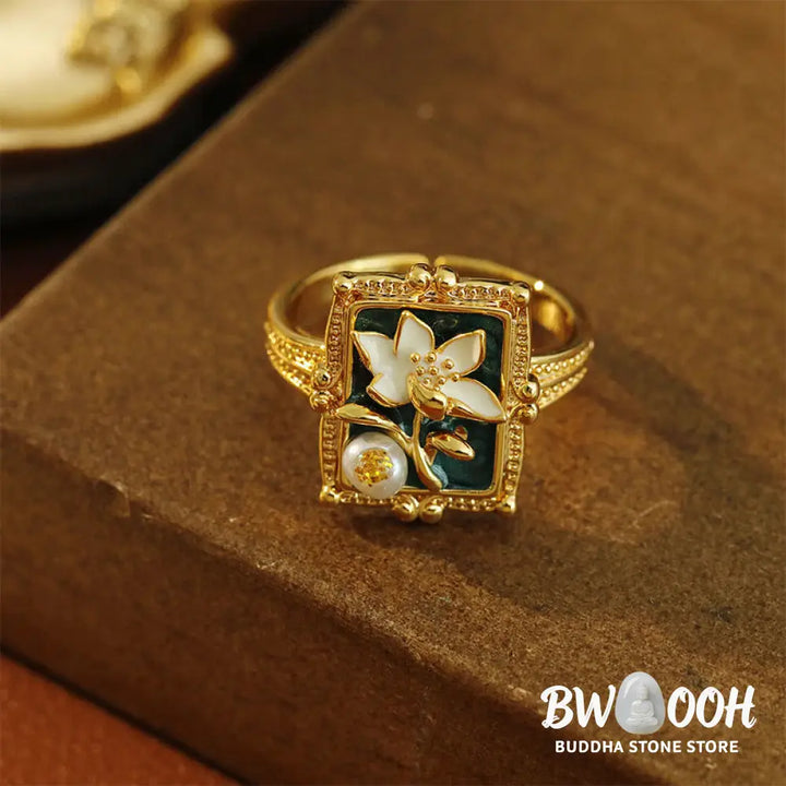 Buddha Stones Vintage Oil Painting Lotus Flower Pearl Copper Wealth Ring - Copper(Ring Inner Diameter About 17mm) - Ring