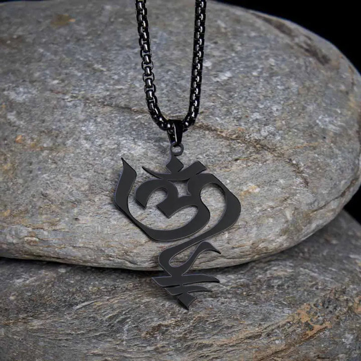Buddha Stones Vintage OM Symbol geometry Design Stainless Steel Connection Necklace Pendant - BWOOOH - Black