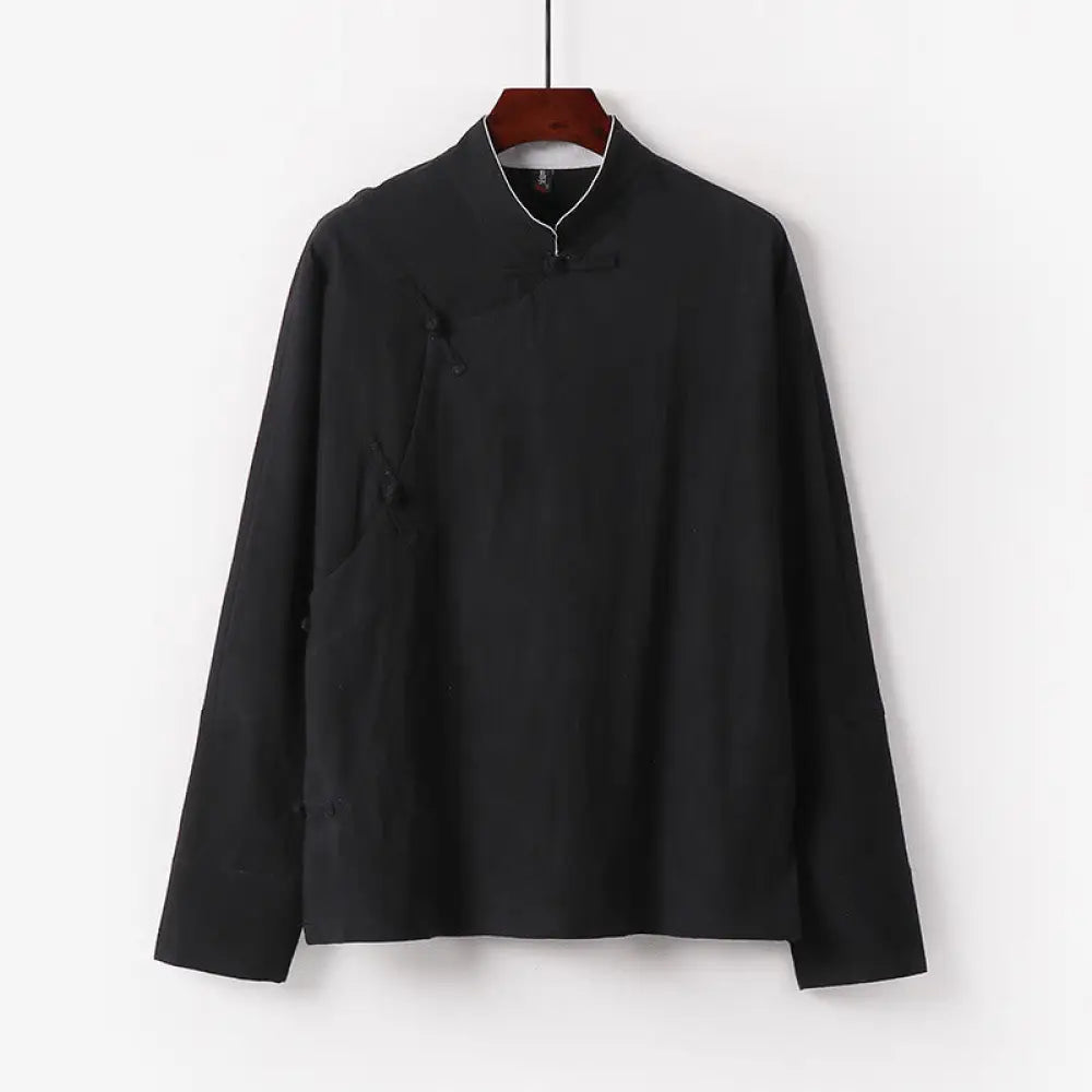 Buddha Stones Vintage Plain Chinese Frog-Button Cotton Long Sleeve Men’s Shirt - Black / US/UK/AU36，EU46 (L) - Men’s