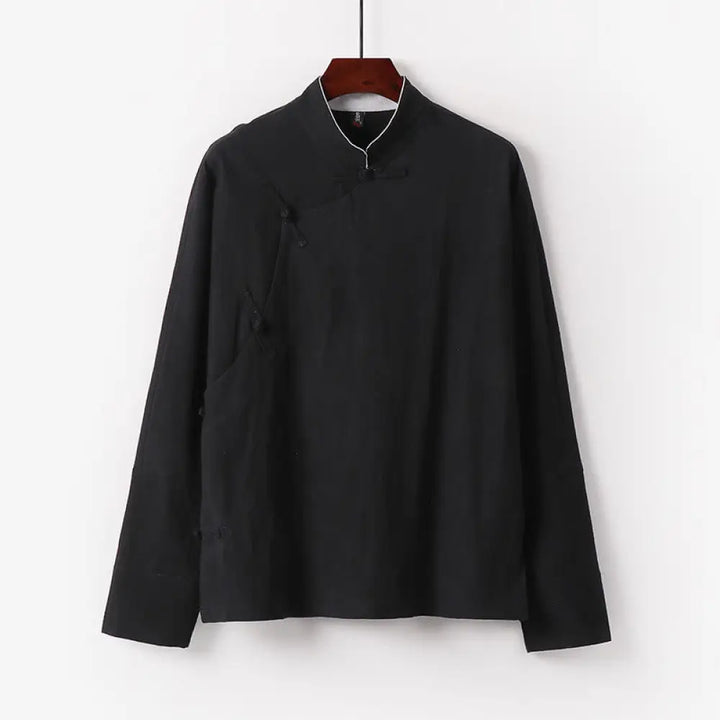 Buddha Stones Vintage Plain Chinese Frog-Button Cotton Long Sleeve Men’s Shirt - Black / US/UK/AU36，EU46 (L) - Men’s