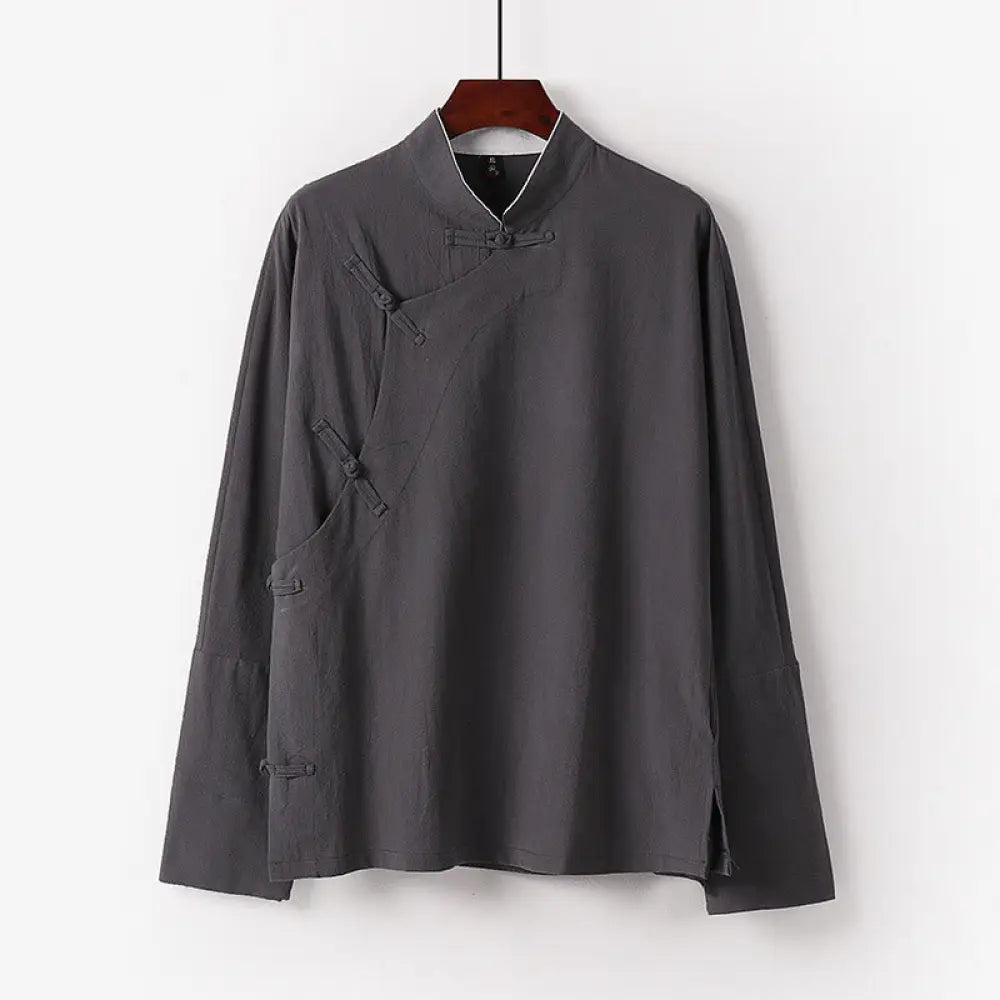 Buddha Stones Vintage Plain Chinese Frog-Button Cotton Long Sleeve Men’s Shirt - LightGrey / US/UK/AU36，EU46 (L)