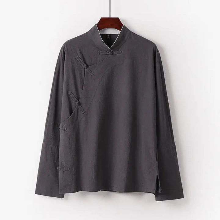Buddha Stones Vintage Plain Chinese Frog-Button Cotton Long Sleeve Men’s Shirt - LightGrey / US/UK/AU36，EU46 (L)