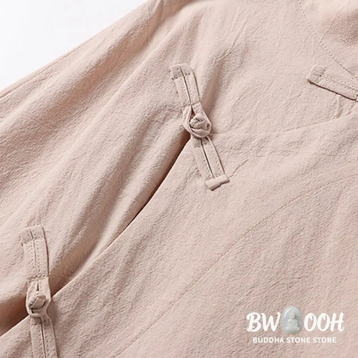 Buddha Stones Vintage Plain Chinese Frog-Button Cotton Long Sleeve Men’s Shirt - Men’s Shirts