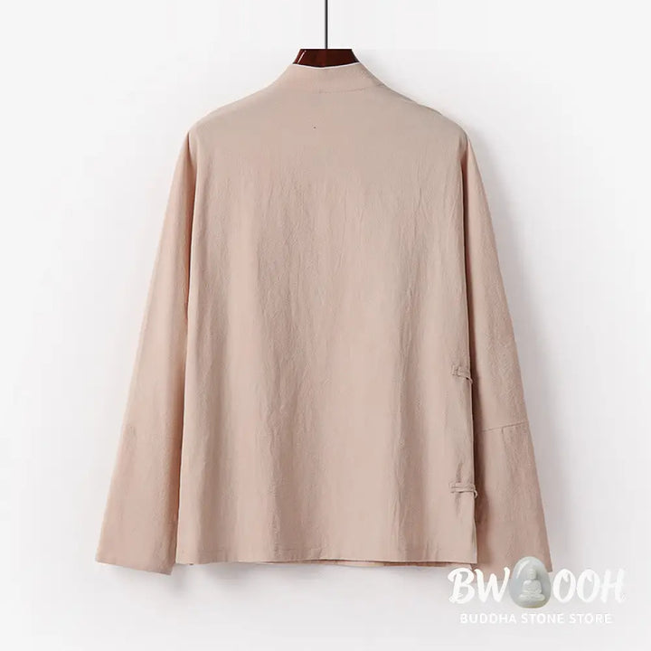 Buddha Stones Vintage Plain Chinese Frog-Button Cotton Long Sleeve Men’s Shirt - Men’s Shirts